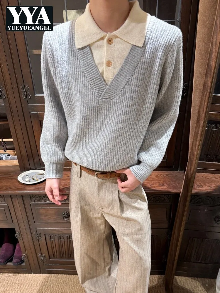 Mens Autumn Casual Fake Two Piece Colors Panelled Sweater Top Lapel Collar Loose Fit Long Sleeve Wool Knitwear Pullover Jumpers