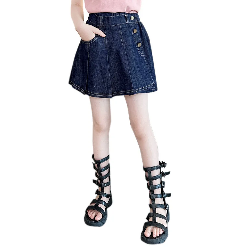 Summer 2024 New Teenager Girls Denim Pleated skirt jeans short button pants Children's kids thin fashion culottes 4 to 12 years