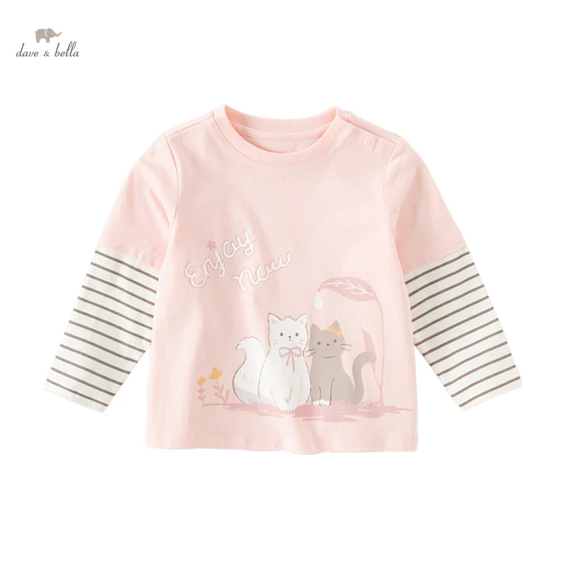 Dave Bella 2024 New Autumn Girl's Baby T-Shirt Children Print Top Long Sleeves Casual Fashion Cute Sweet Undershirt DB3242665