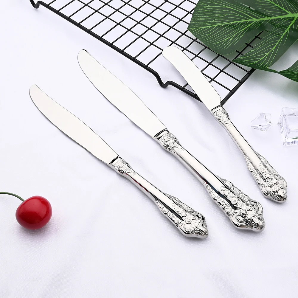 6Pcs Luxury Silver Dinner Set Vintage Western Stainless Steel Cutlery Sets Wedding Engraving Tableware Knife Fork Spoon Teapoon