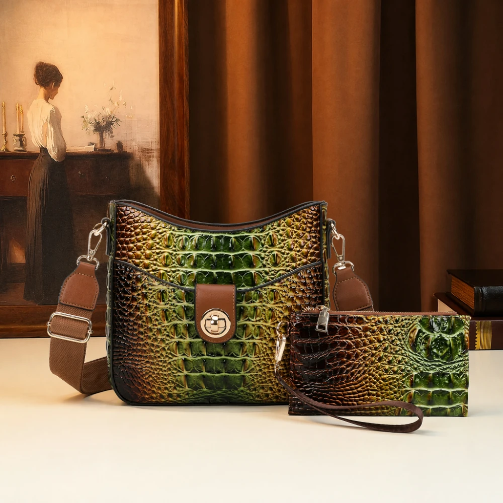 Vintage Croc Pattern Handbag Set for Women Gradient Rainbow Shoulder Bag Retro Top Handle Crossbody Purse and Matching Wristlet