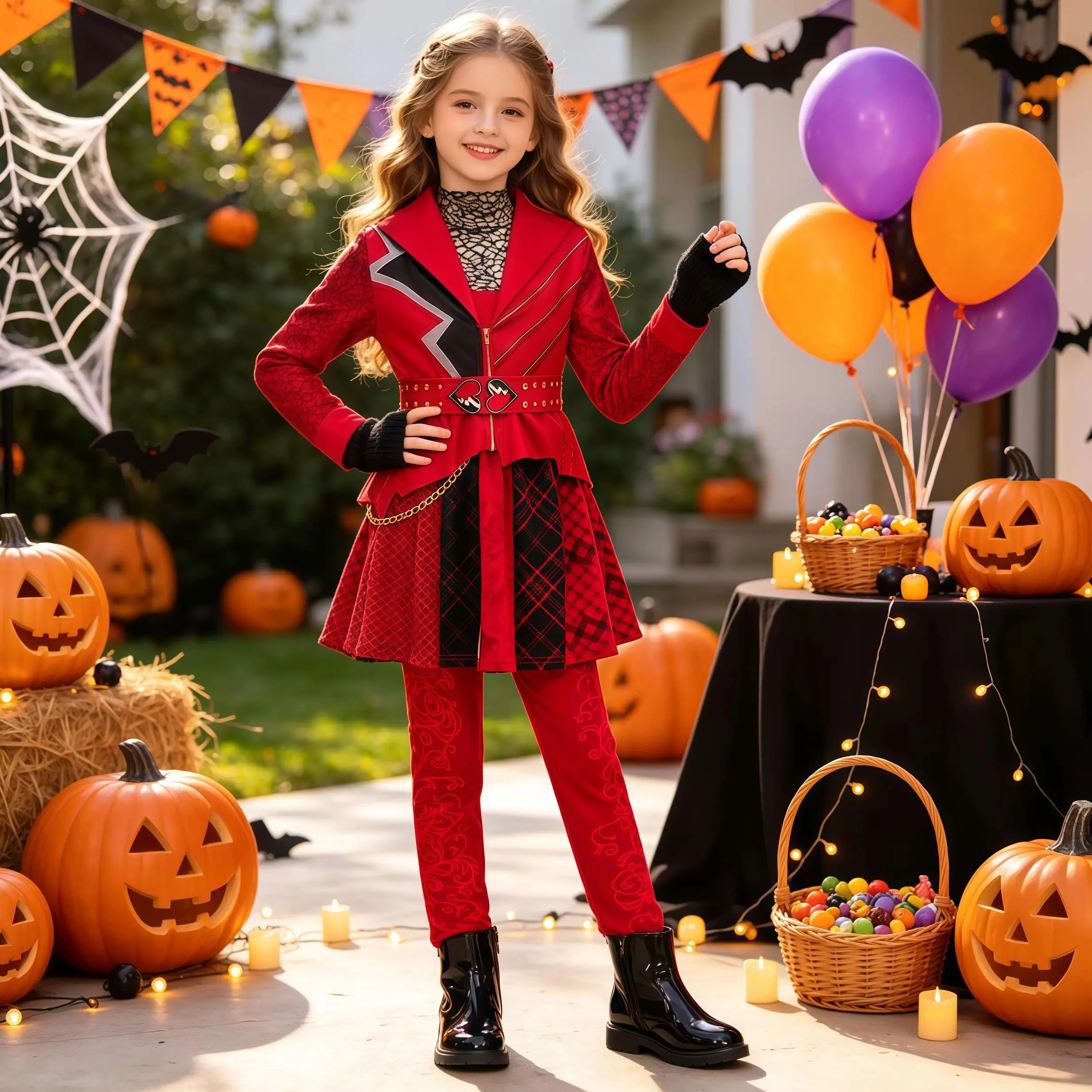Movie Rise Red Princess Costume Sets Girls Coat Dress Pants Gloves For Kids Performance Halloween Carnival Party Fancy Dress Up