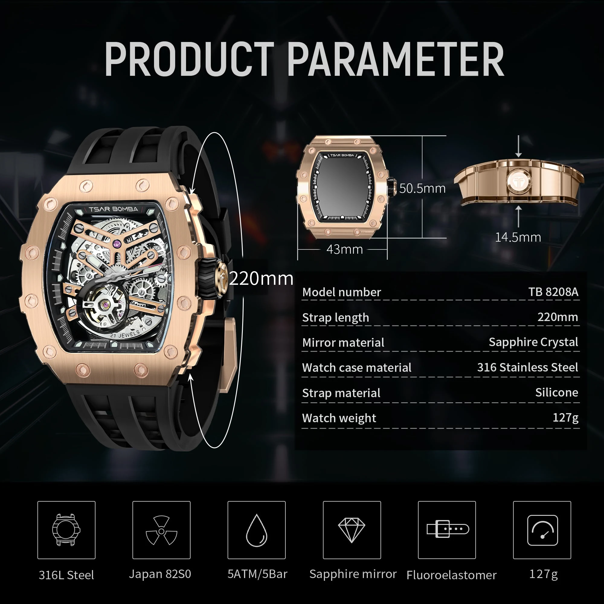 TSAR BOMBA Top Brand Automatic Mechanical Watch for Men Waterproof Stainless Steel Tonneau Wristwatch Luxury Mens Watch
