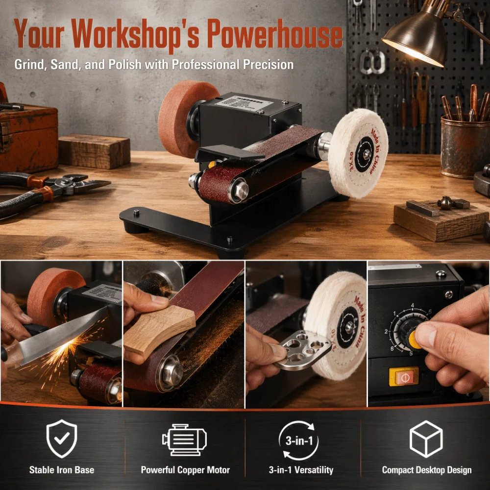 Multi Function Bench Grinder Adjustable Speed Metal Base Mini Electric Polishing Machine Compact Body Sanding Belts
