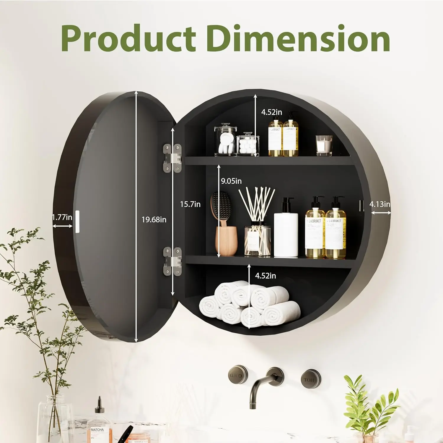 Bathroom Mirror Wall Cabinet with Storage and Shelf, Surface Wall Mounted,Arched Cabinet Makeup Vanity Mirror for Bedroom, Black