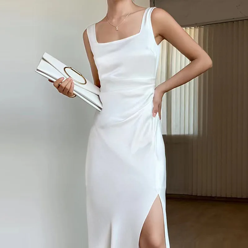 Summer Women Drape Long Sleeveless Acetate Dress Design Office Lady Spring A-line Suspender Dress