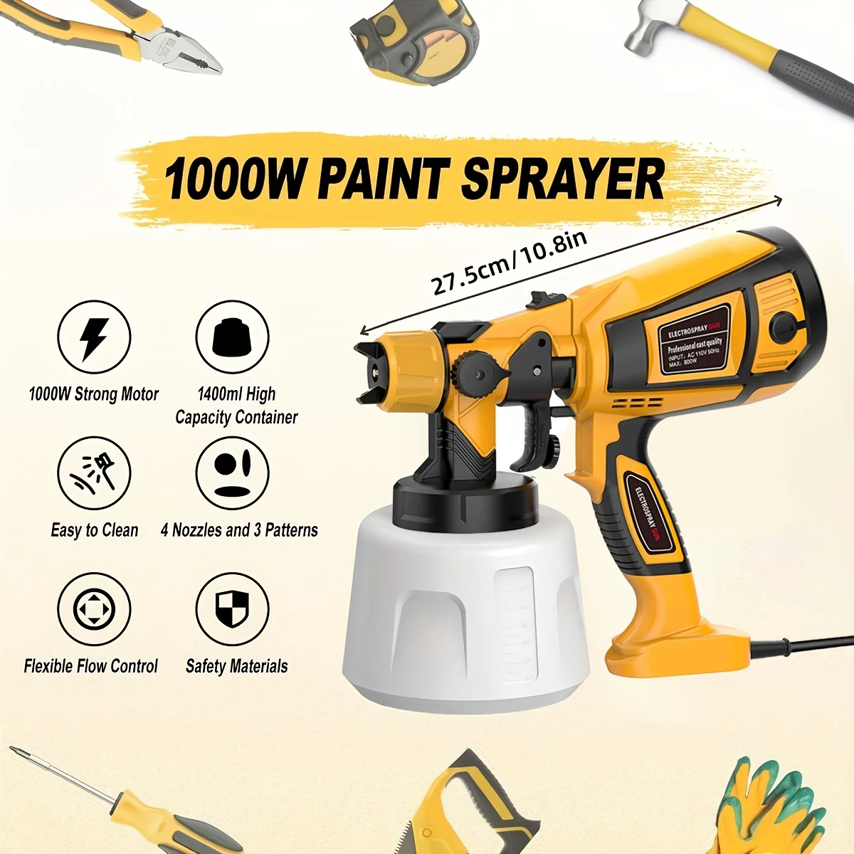 Paint Sprayer Tool 1000W High Power Electric Spray Paint Gun Easy to Clean for Furniture, Cabinets, Fence, Walls, Garden Etc