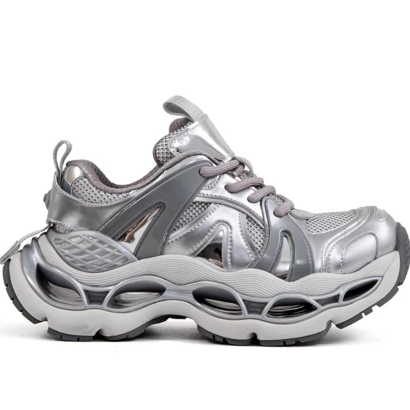 Men's Genuine Leather Thick Soled Casual Sports Shoes European Version Tide Heightening Shoes Laser Silver Retro Daddy Shoes for