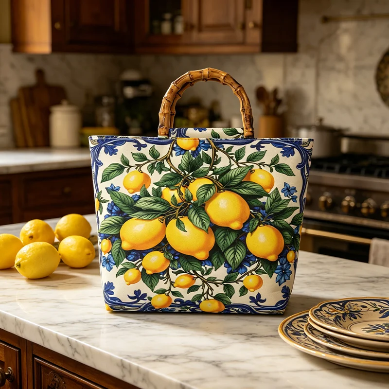 Blue and White Porcelain Patterned Lemon Element Women's Tote Bag, Faux Bamboo Handle, Large Capacity Commuter Bag