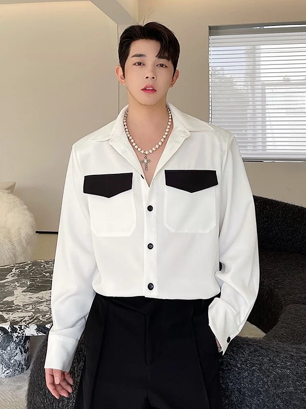 

Spring New Sle Men's Loose Long Sve irt oulder Padded Large ket Color Blo Design Korean Version Casual irt