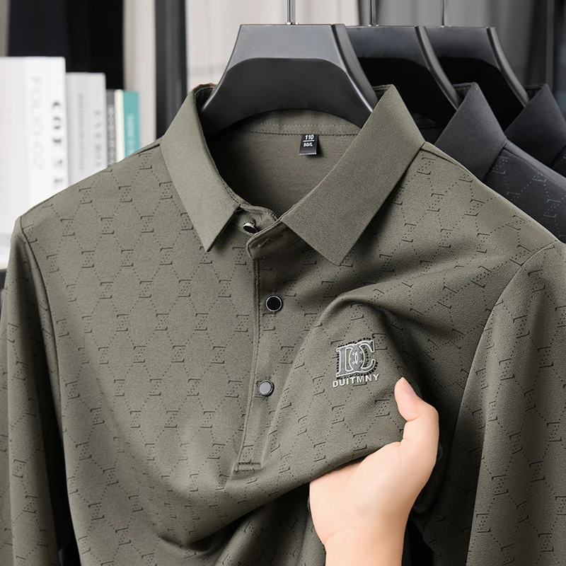 

Spring and Autumn Dad's Cotton Wool Ice Silk Long Sleeve T-shirt, Flip Collar Thin Base Sweater, Polo Top