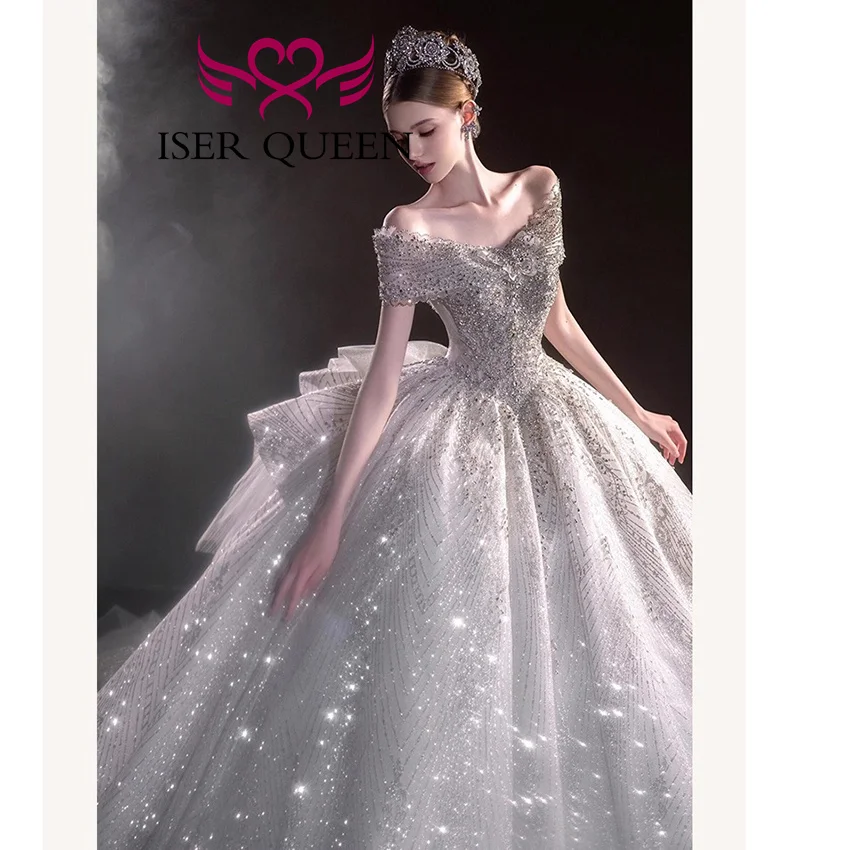 

Customized High Quality Shiny Luxury Wedding Dress 2025 Short Sleeves Heavy Beaded Ball Gown Princess Wedding Dresses WX0498