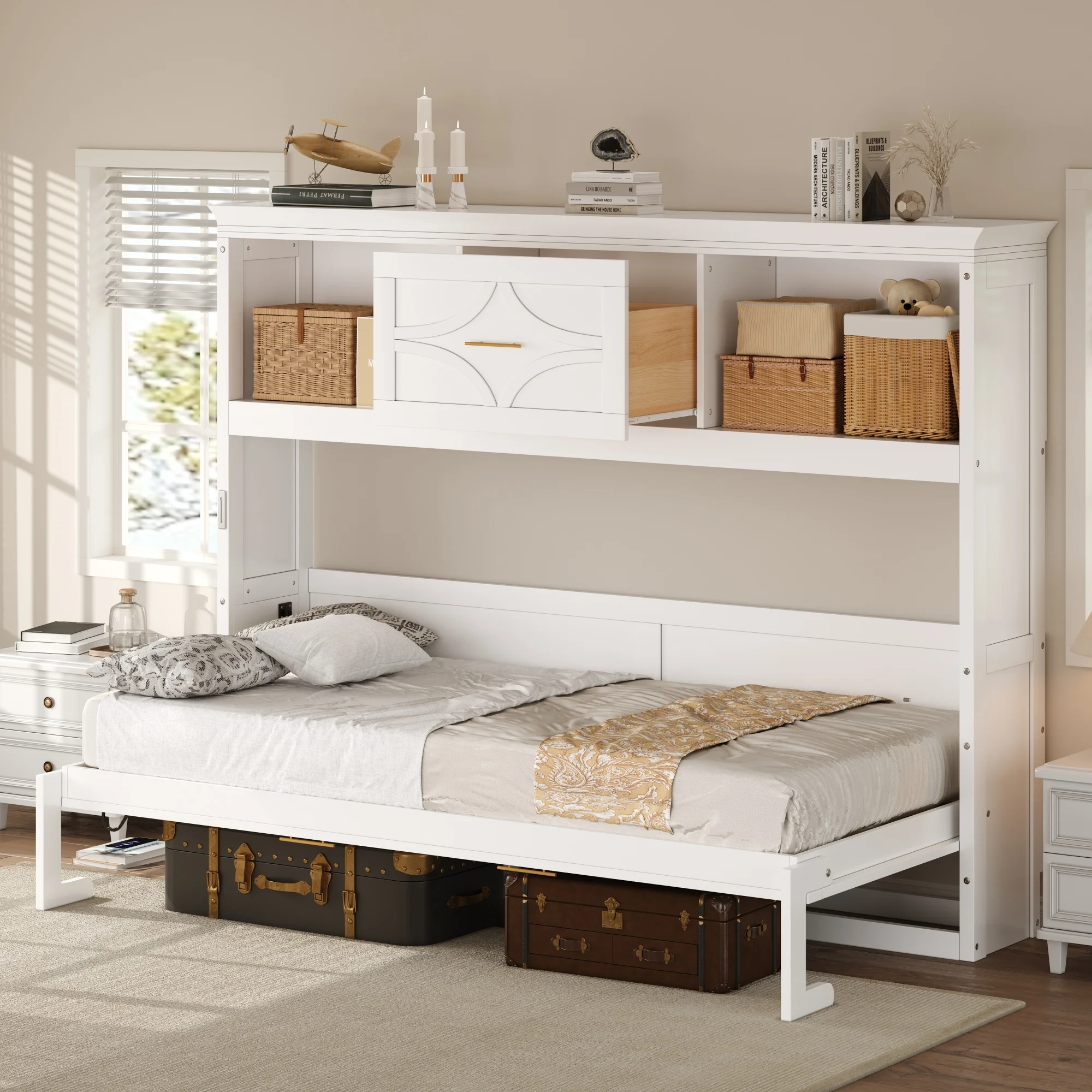 

Twin Size Murphy Bed With Charging Station and a Drawer in White Color