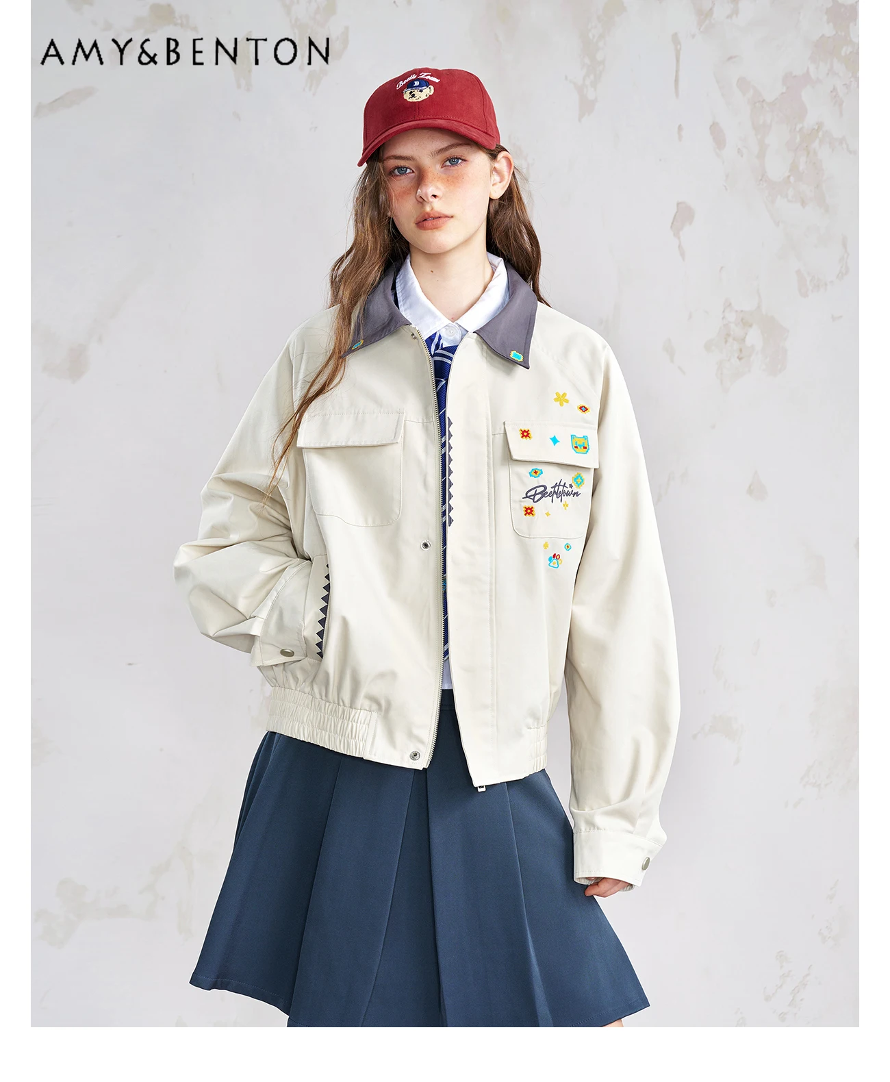 

2025 Spring and Autumn New American Retro Style Apricot Blue Turn-down Collar Cartoon Embroidery Long Sleeve Loose Jacket