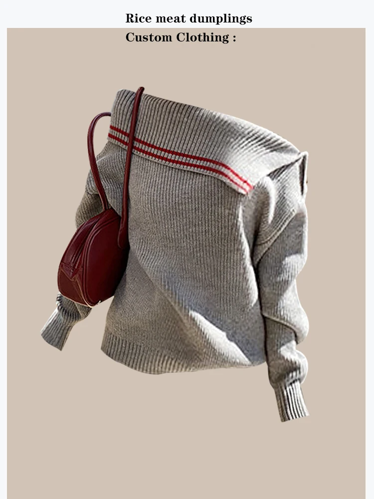 

Chic Vintage Preppy Style Loose Fit Shoulder Slanting Knitted Sweater Winter Fashion Women's Premium Feeling Long Sleeve Top
