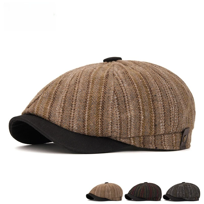 Unisex Striped Wool Blend Newsboy Cap Vintage Beret Ivy Flat Cap Contrast Brim Adjustable Peaked Hat Warm Autumn Winter Headwear