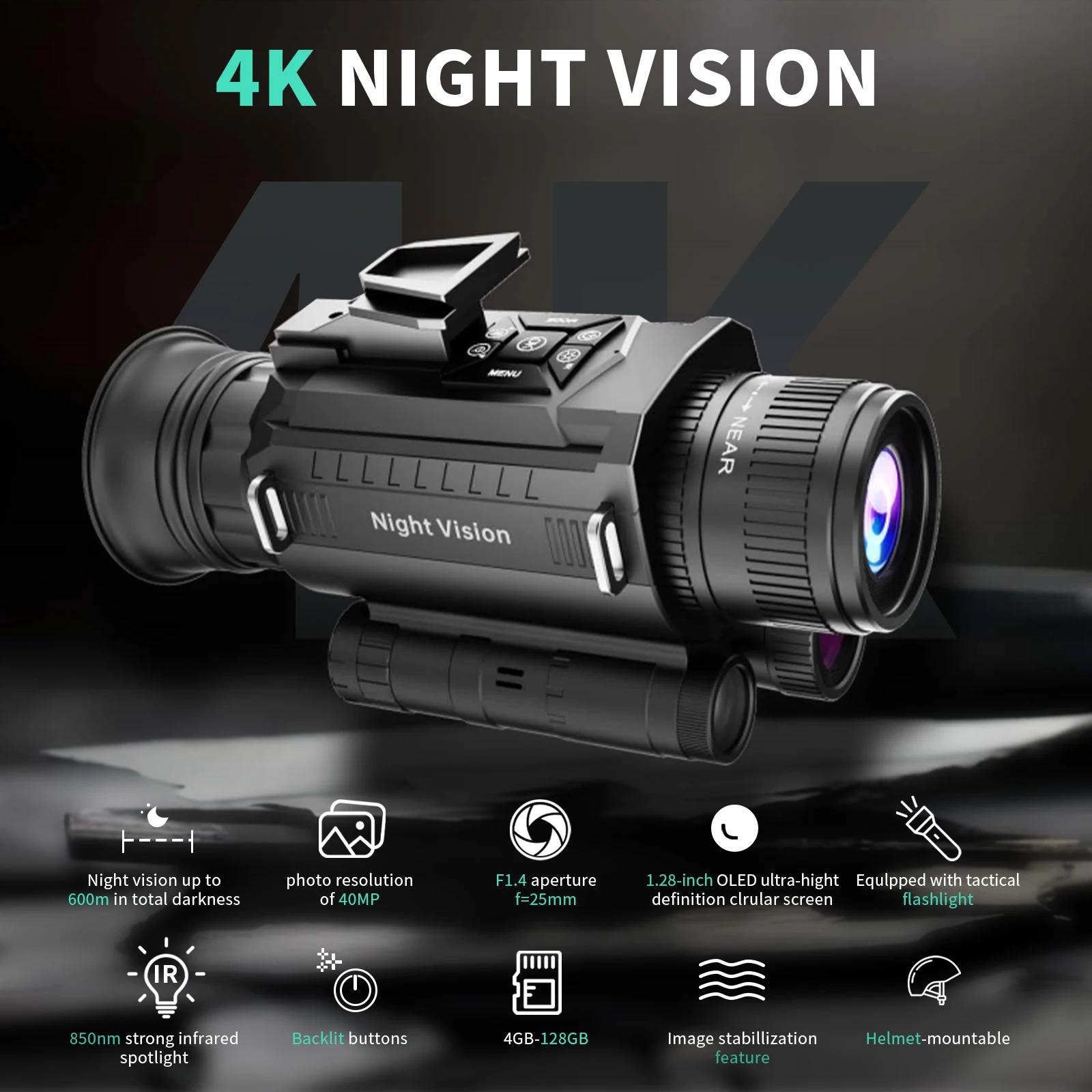 

Монокулярные очки ночного видения Suier, 4K UHD, для полной темноты (100%), дальность 600 метров, с тактическим фонарем, для активного отдыха на природе