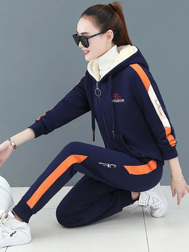 Winter Warm Velvet Lined 2 Piece Sets Women Thicken Hooded Zipper Sweatshirt Conjuntos Casual High Waist Harem Pants Tracksuit