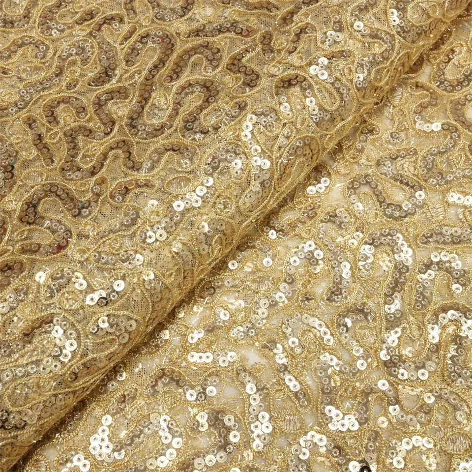 PGC Golden African Sequenant Lace Fabric 2024 Nigerian High Quality Embroidery Mesh Net Fabric For Wedding Party Dress LY2098