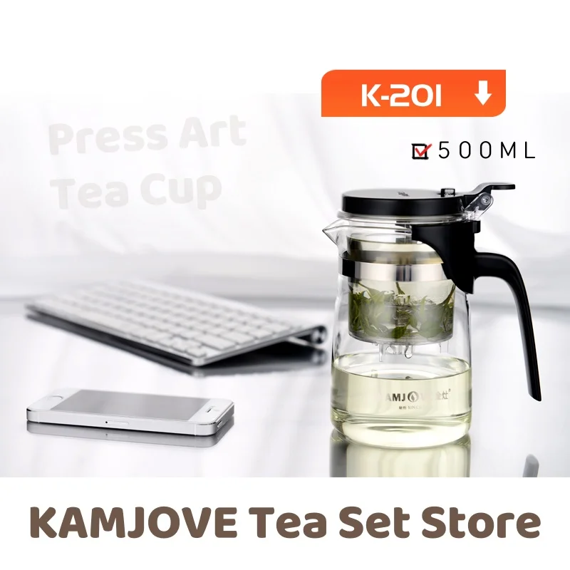 KAMJOVE K-201 500ML Kungfu Glass Tea Pot Convenient AUTO-OPEN Art Tea Cup High Borosilicate Glass With Infuser Separation Kettle