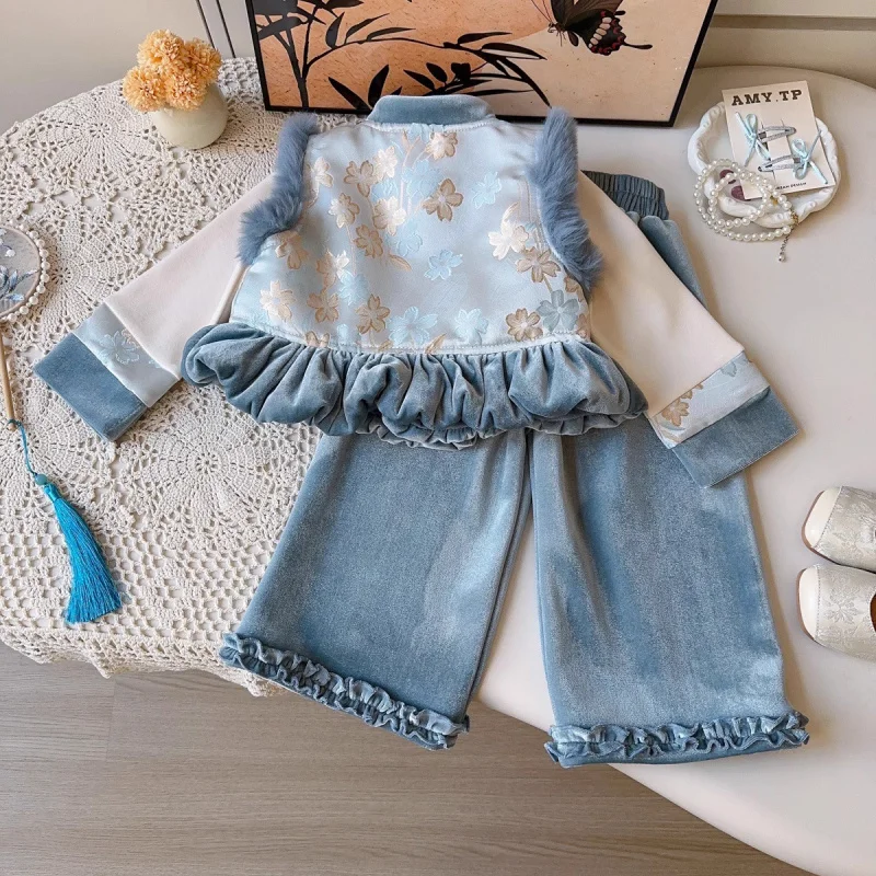 Girls'   New Fleece-Lined New Chinese Style Button Heavy Craft Hanfu Embroidered Vest Three-Piece Set