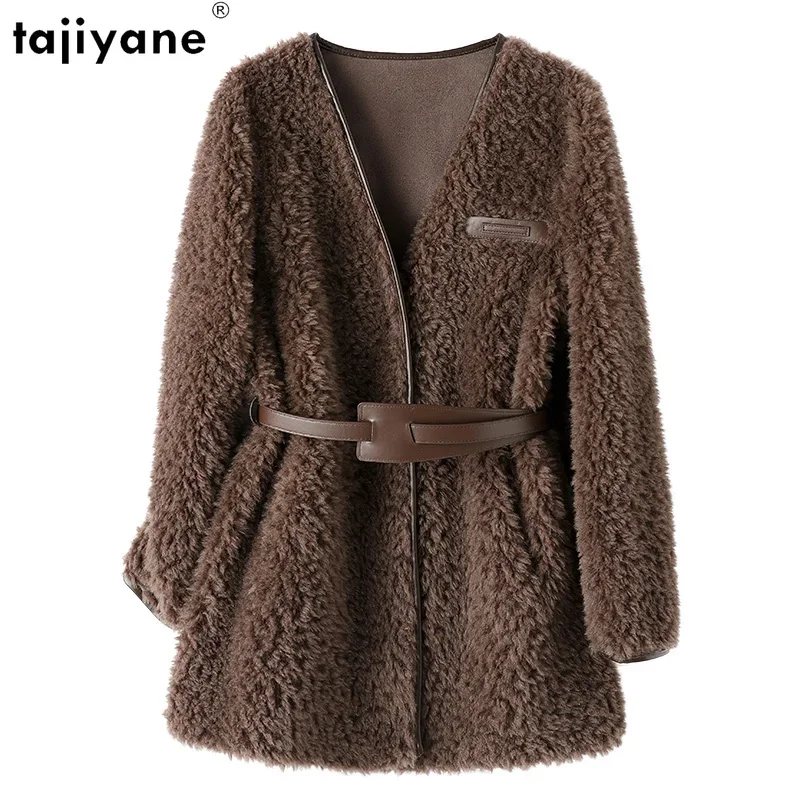 Tajiyane 100% Sheep Shearing Jacket for Women 2023 Autumn Winter Fur Coat Women Medium Elegant Wool Coats V-neck Abrigos Mujer