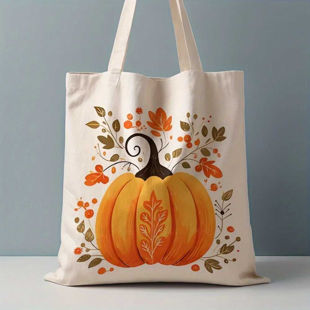 1pc Autumn Pumpkin & Leaf Design Canvas Tote Bag - Reusable, Leak-Proof Grocery Bag with Vibrant Orange Pumpkin & Green Foliage