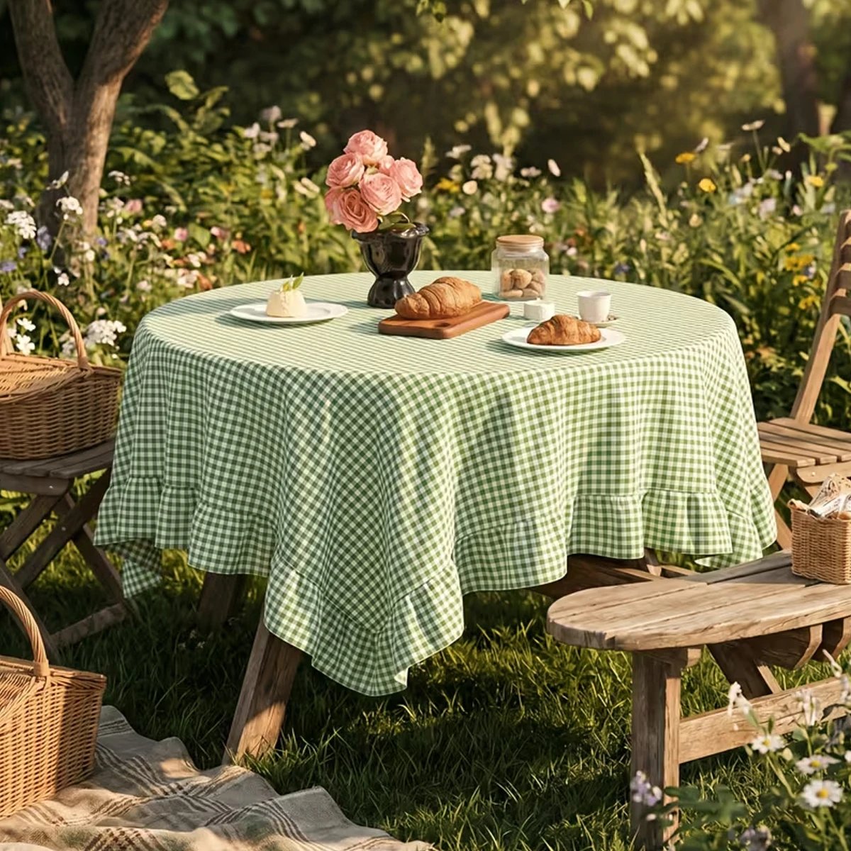 Retro Minimalist Checkered Ruffled Tablecloth, Suitable for Kitchen, Wedding, And Holiday Party Table Decoration