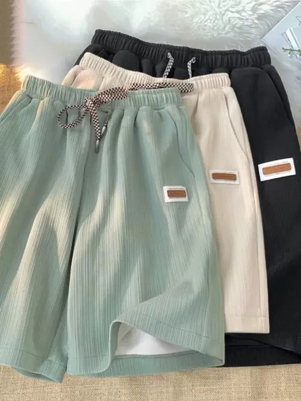 

Loose Ice Silk Casual Shorts Men's Summer Sporty Five-Quarter Pants Polyester Fiber Straight Leg mid Waist Pocket Design