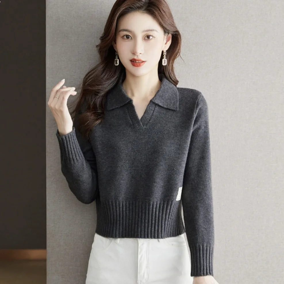 빨간색 니트 스웨터 여성용 베이스 봄 가을 플립 칼라 소형 사이즈 여성용 상의 따뜻한 단색 출퇴근용