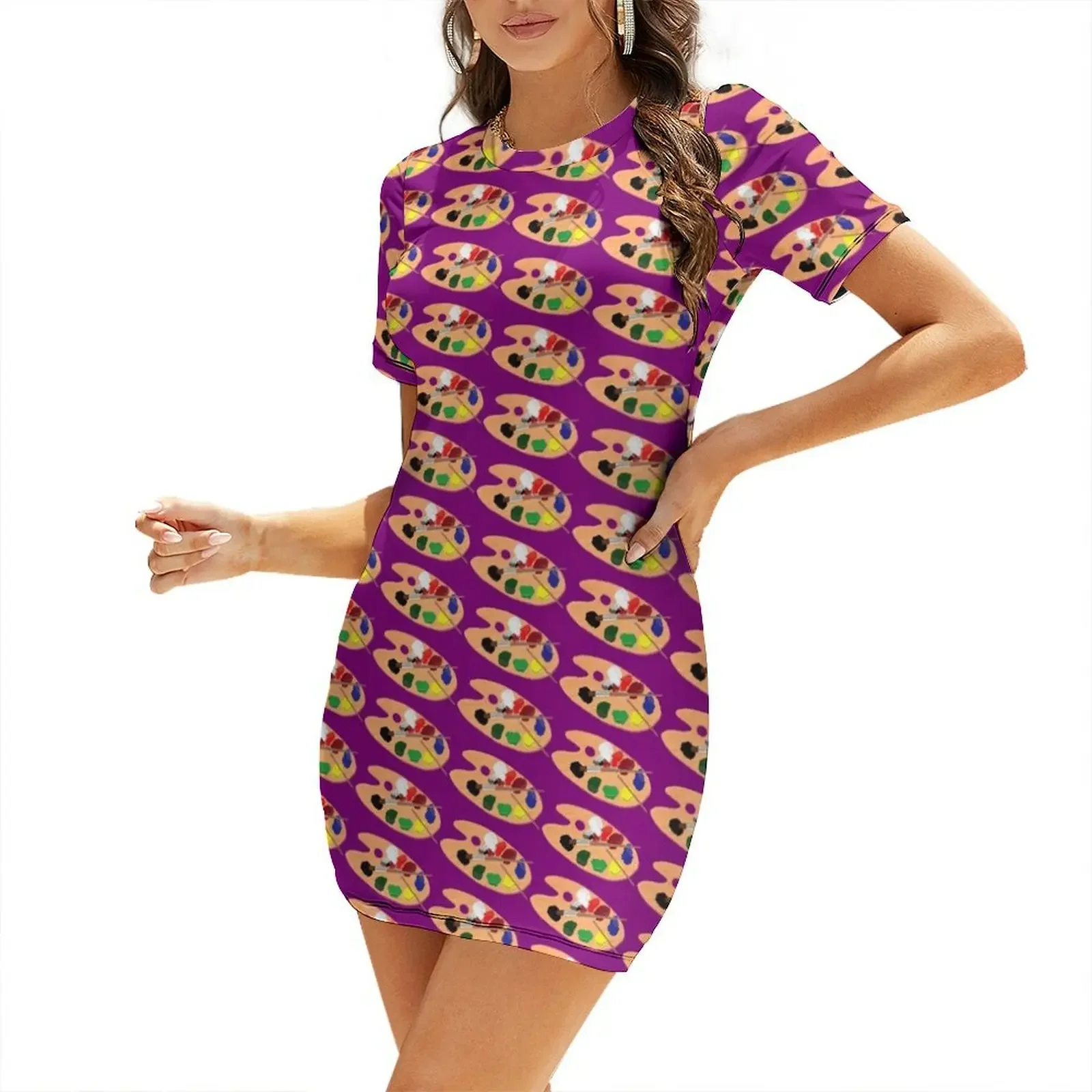 

Artist Paint Palette Pattern (Royal Purple Background) Short-Sleeved Dress women's fashion dresses women's dresses luxury