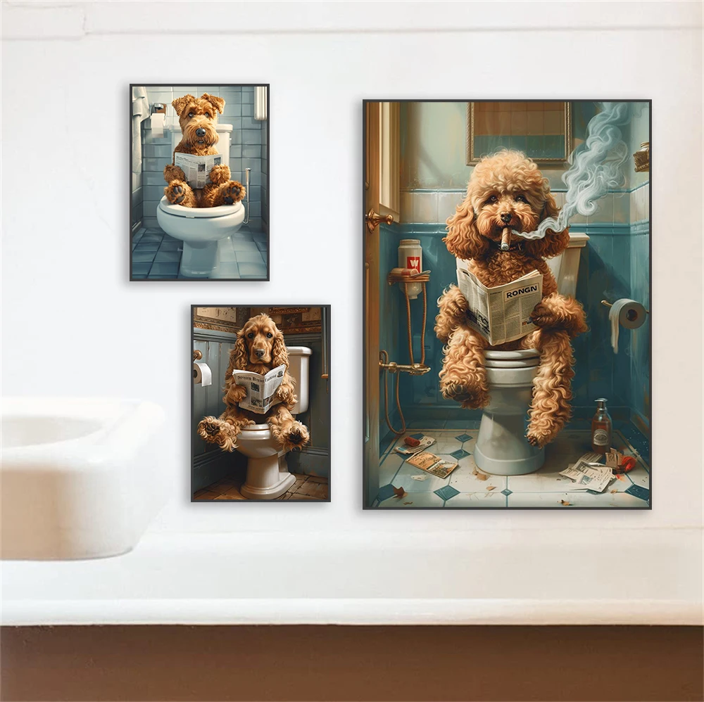 Goldendoodle On The Toilet Canvas Painting Toilet Humor Bathroom Poster Akita On The Toilet And Reading Newspaper Prints Decor