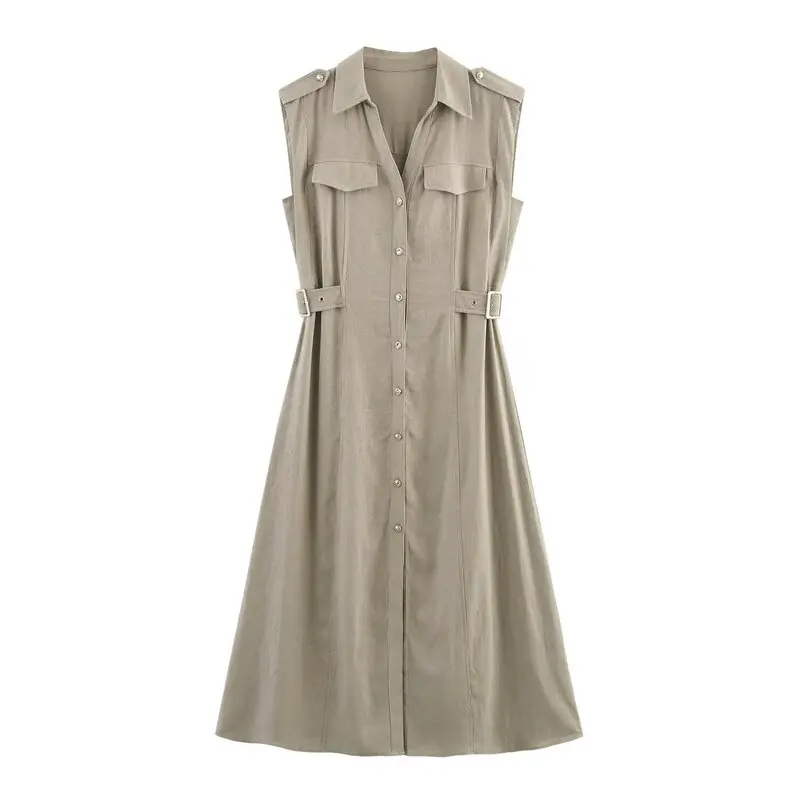 Estate nuova donna confortevole lino V-ne Svel Midi Dr Casual Pendolarismo Sle No-sve monopezzo Altro materiale...