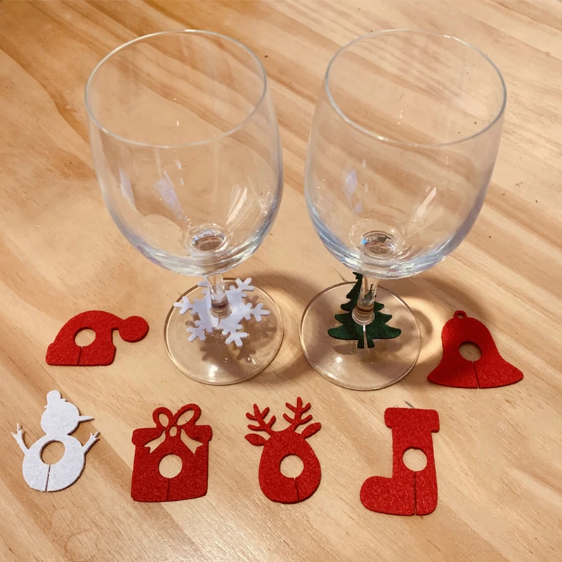 6Pcs Felt Wine Cup Glass Ring Card Snowflake Elk Christmas Home Table Decor Xmas New Year Eve Party Decoration Navidad Noel