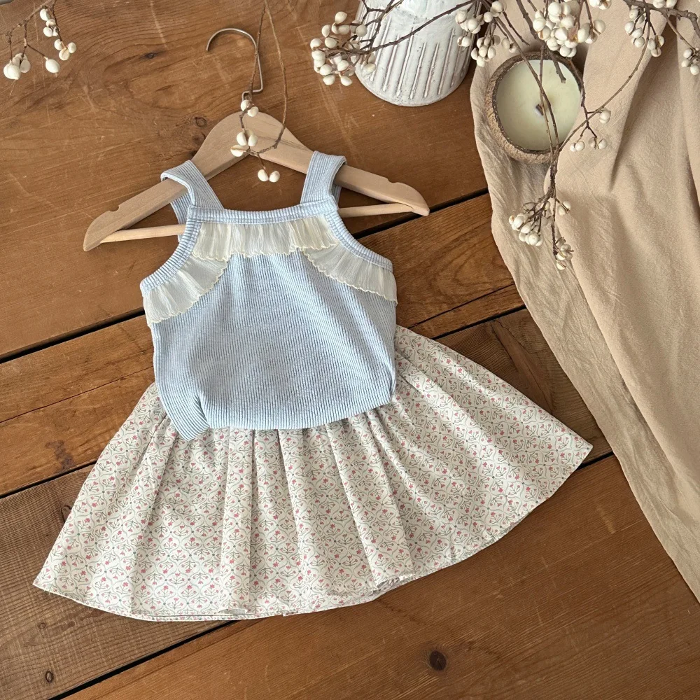 2026 Summer New Baby Girl Solid Sling Vest + Floral Skirts Shorts 2pcs Suit Infant Girl Sleeveless Clothes Two-piece Set