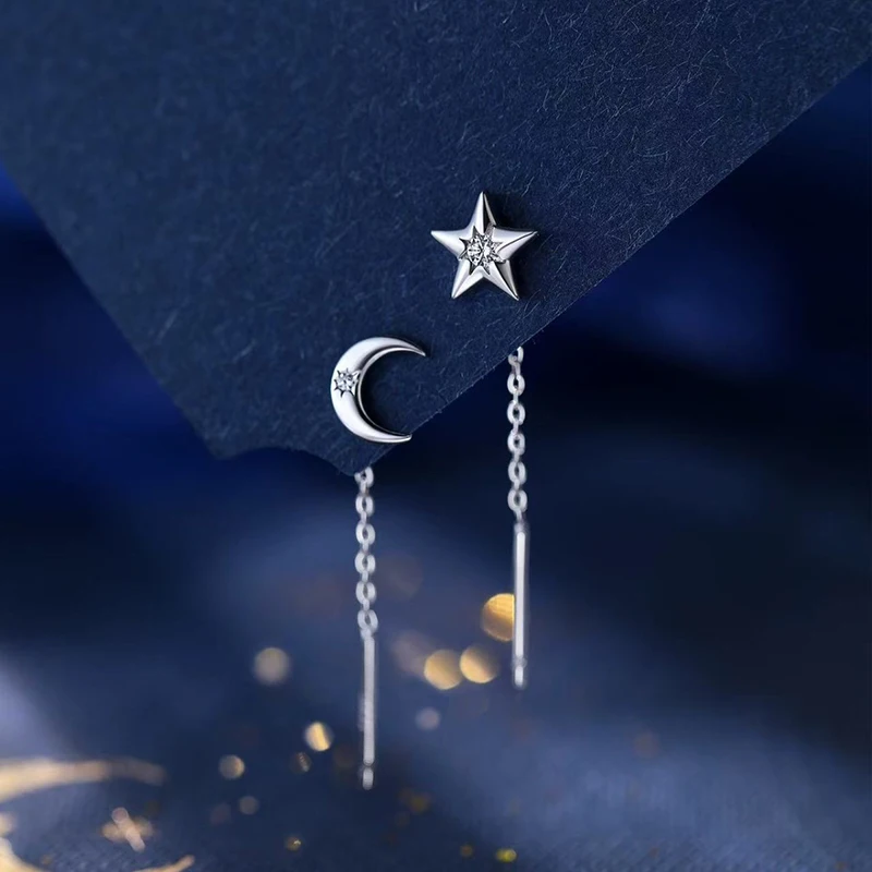 

Серьги-гвоздики из настоящего серебра 925 пробы с асимметричным дизайном «Звезда и Луна» и цирконами для очаровательных женщин, изысканные ювелирные украшения