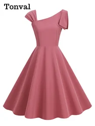 Tonval Diagonal Collar Pink Solid Evening Party Elegant Midi Dresses for Women 2023 A-Line Robe Female Vintage Swing Dress