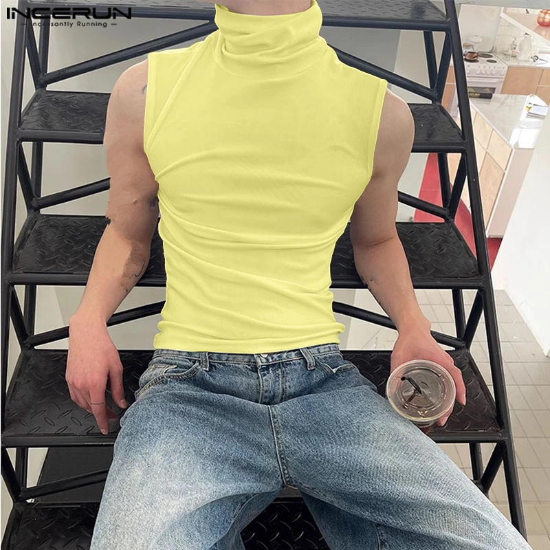 INCERUN الرجال تانك القمم الصلبة الياقة المدورة أكمام الذكور سترات الصيف الشارع الشهير الكورية نمط 2025 موضة ملابس الرجال غير رسمية