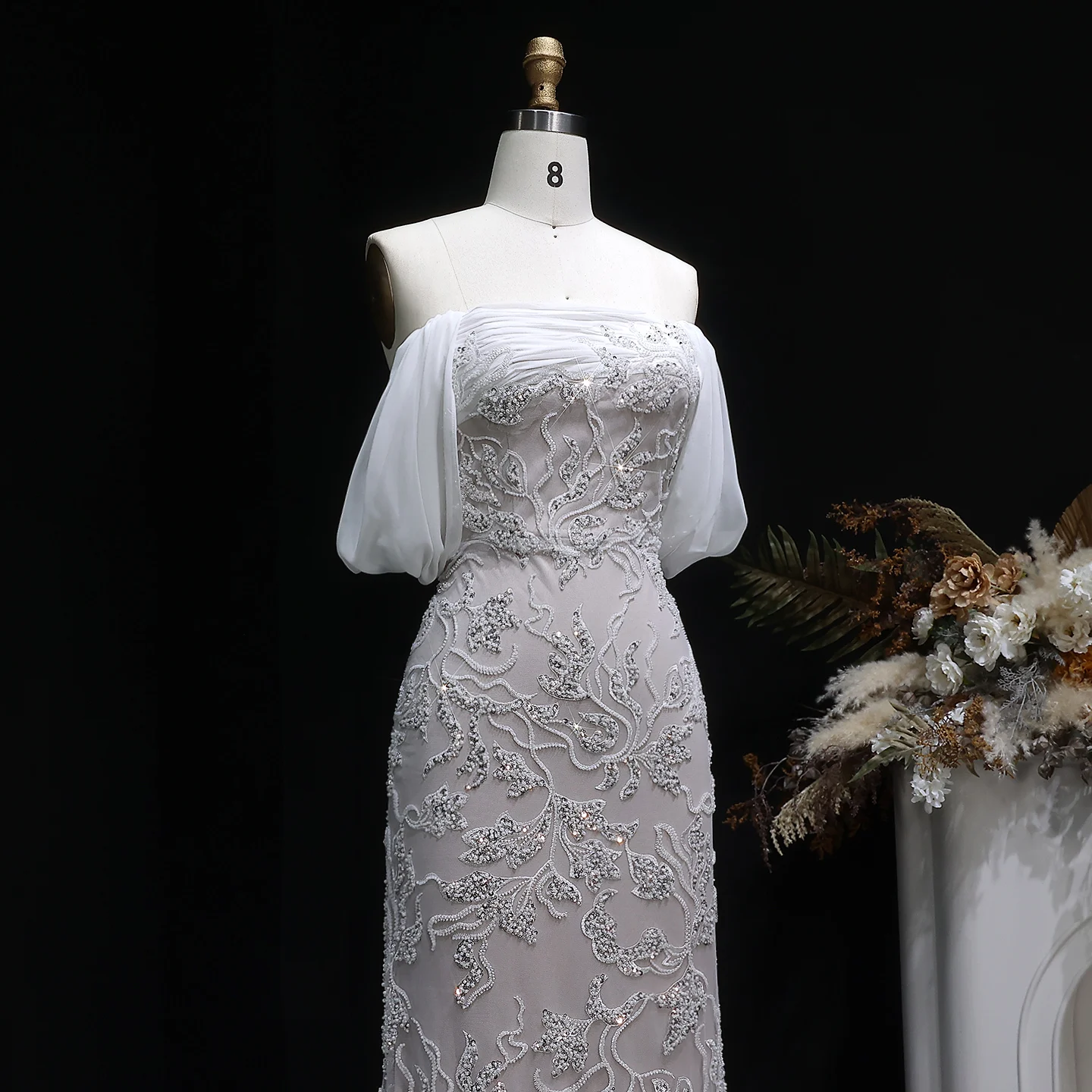 Sharon Said Elegantes Schulterfreies Abendkleid Meerjungfrau Perlenbesetztes Rückenfreies Ballkleid für Hochzeitsfeier SS622 Maßanfertigung – Detail 9