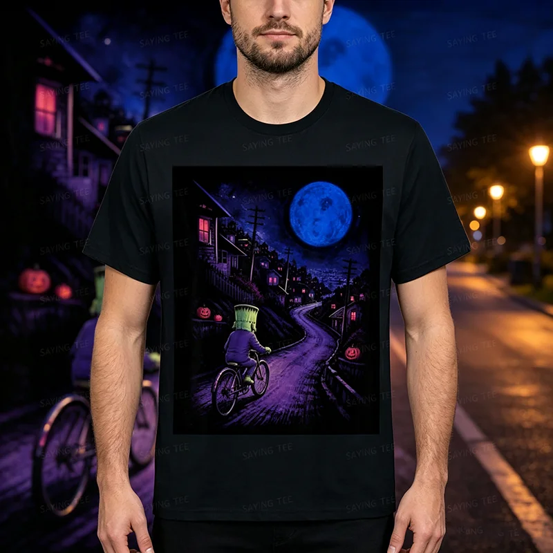 Frankenstein auf Fahrrad Halloween Fahrrad Radfahren T-Shirt Y2k Fahrradtour Vollmond Radfahren Gruselige Geschenke Grafik-T-Shirt Geschenke – Detail 3