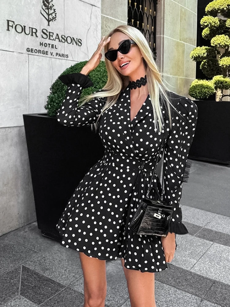 Mumaroho 2024 Autumn Winter Women Elegant Polka Dot Mini Dress V-neck Black Long Sleeve Flare Mini Dress For Women