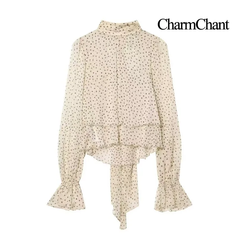 CHARMCHANT Women Polka Dot Blouse Long Sleeve Chiffon Tie Neck High Neck Ruffle Shirt Elegant Casual Top