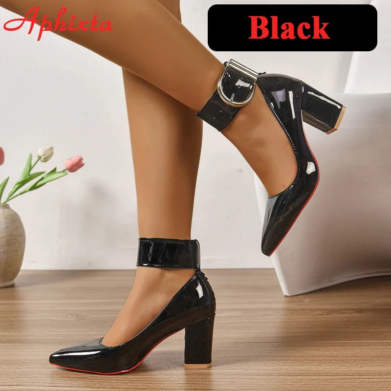 Aphixta Dark Green Pumps Women 4cm Wide Strap Belt Buckle Silver Metal Pimps Shoes 7cm Chunky Heels Super Big Size 35-53