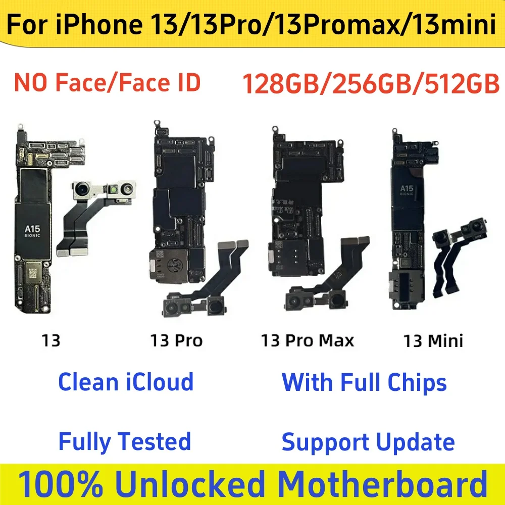 Fully Tested Unlocked Clean iCloud For iphone 13 mini Mainboard For iPhone 13 ProMax Motherboard With/No Face ID Logic Board