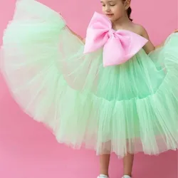 2024 New Cute Dresses Sleeveless Luxury Tutu Bow Tulle Summer Holiday Dress Wedding Children Kid Party Costume Baby Girl Clothes