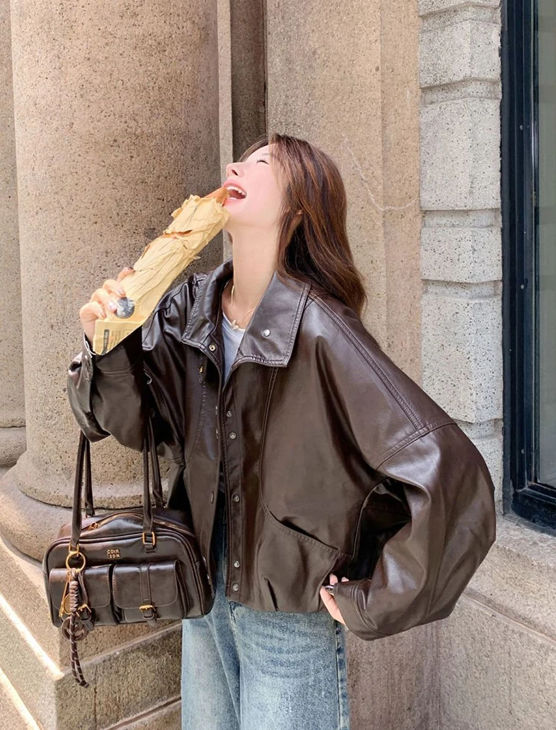 Women Faux Leather Jacket Stand Collar Snap Button Coat Oversized Drop Shoulder Bomber Y2K Retro Streetwear Autumn Outerwear Top