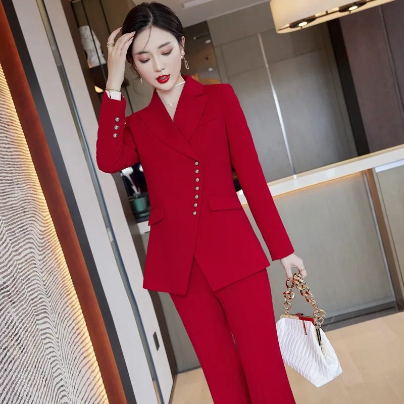 

Women Chic Red Formal Pant Suit 2 Piece Set Female Long Sleeve Black Fashion Jacket Flared Trouser Business Work Wear Blazer Set