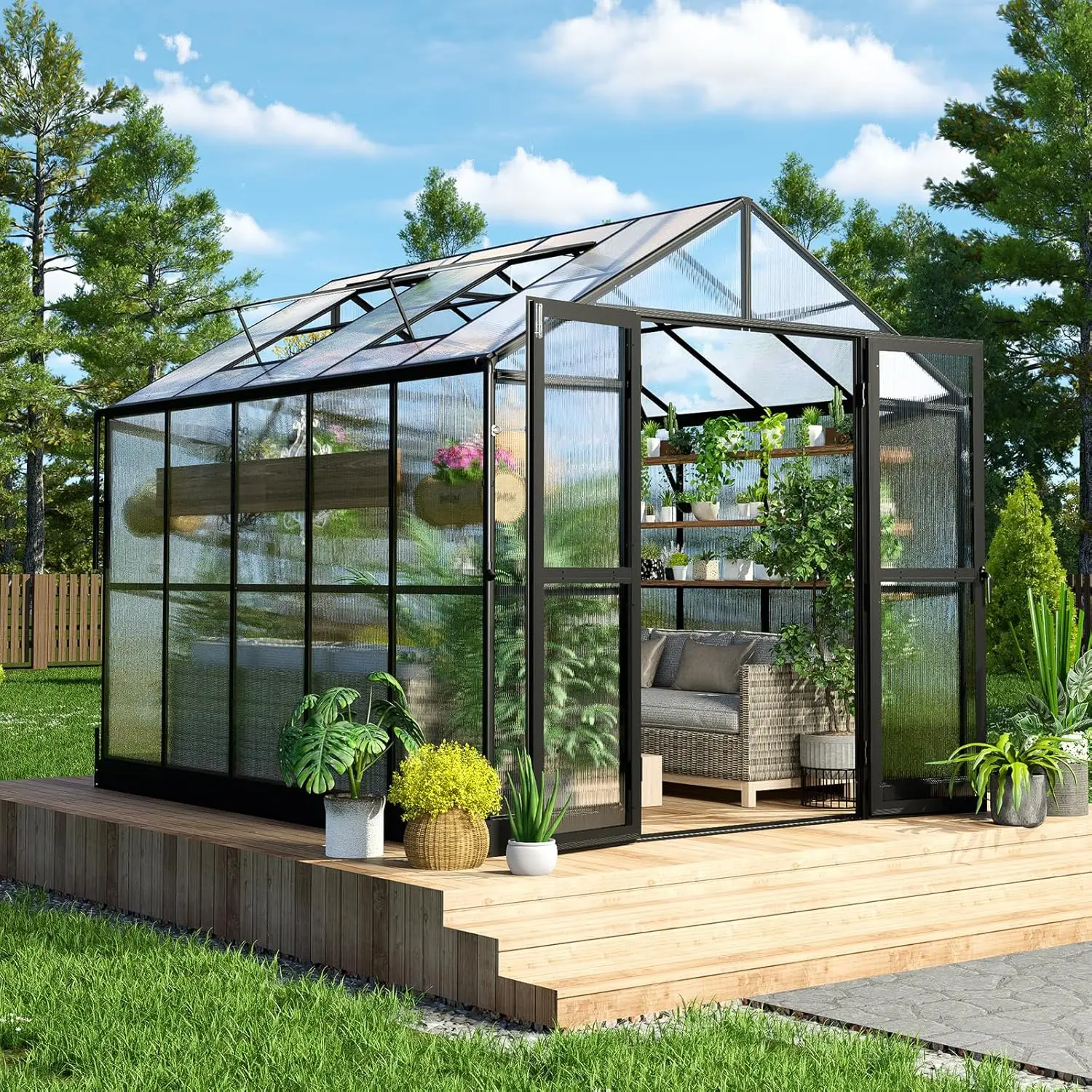 

8x10x7.5 FT Polycarbonate Greenhouse Double Swing Doors 2 Vents 5.2FT Added Wall Height,Walk-in Large Aluminum Greenhouse