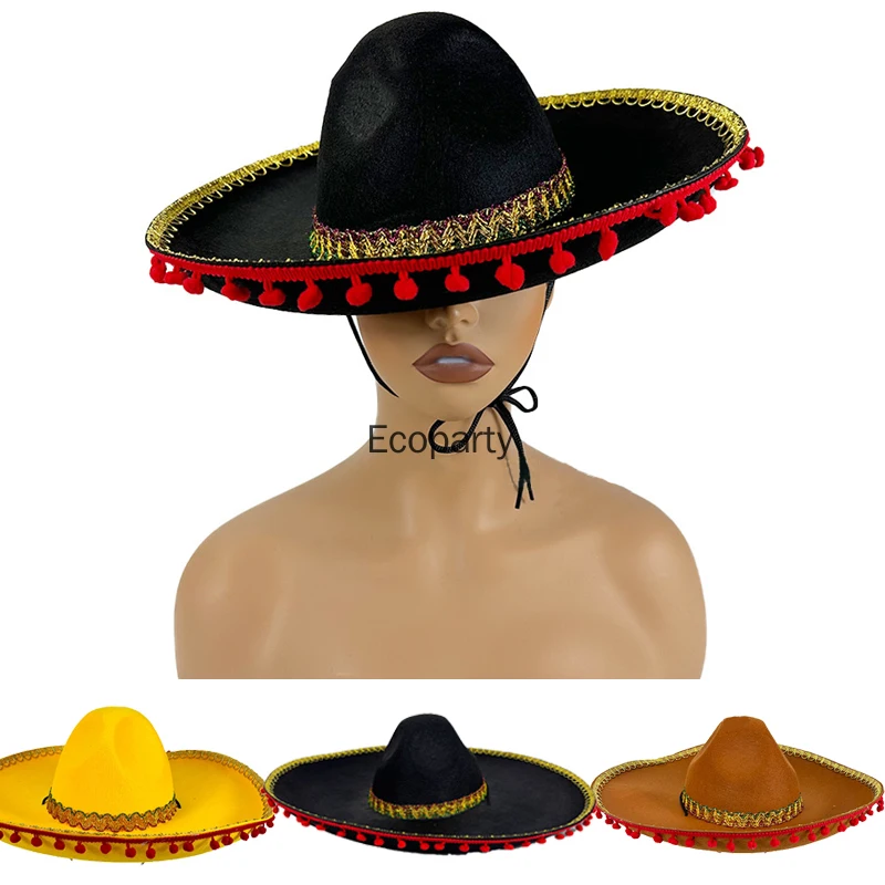 New Fuzz Ball Mexican Sombrero Hats Stage Performance Dance Dress Up Spanish Mexican Hat Costumes Wide Brim Spanish-style Hat