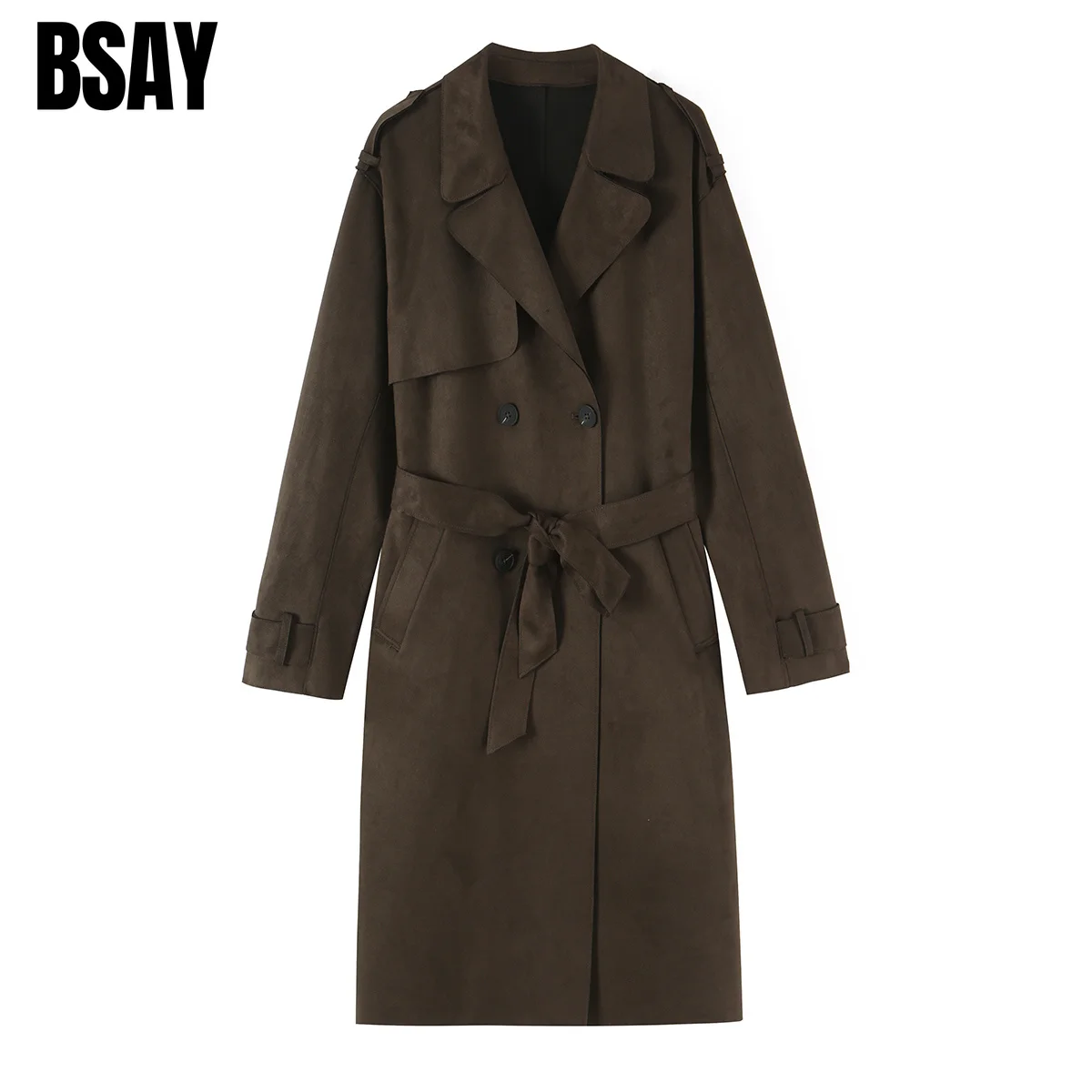 BSAY New Vintage Faux Suede Trench Coat for Women Lapel Double Breasted Long Coat With Waist Belt Solid Brown Loose Outerwear